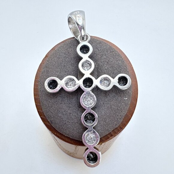 Sterling Silver 925 Dark Blue & White Cubic Zirconia Cross Pendant 2.5" Length - Picture 4 of 9